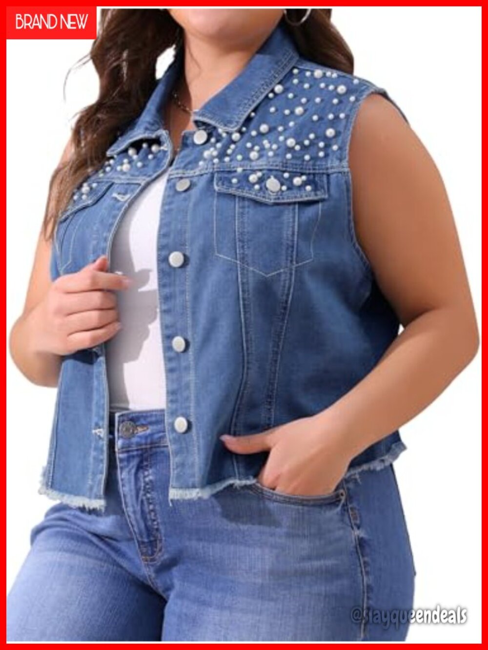 Women Plus Size Embroidered Pearl Frayed Denim Vest Sleeveless Button Down